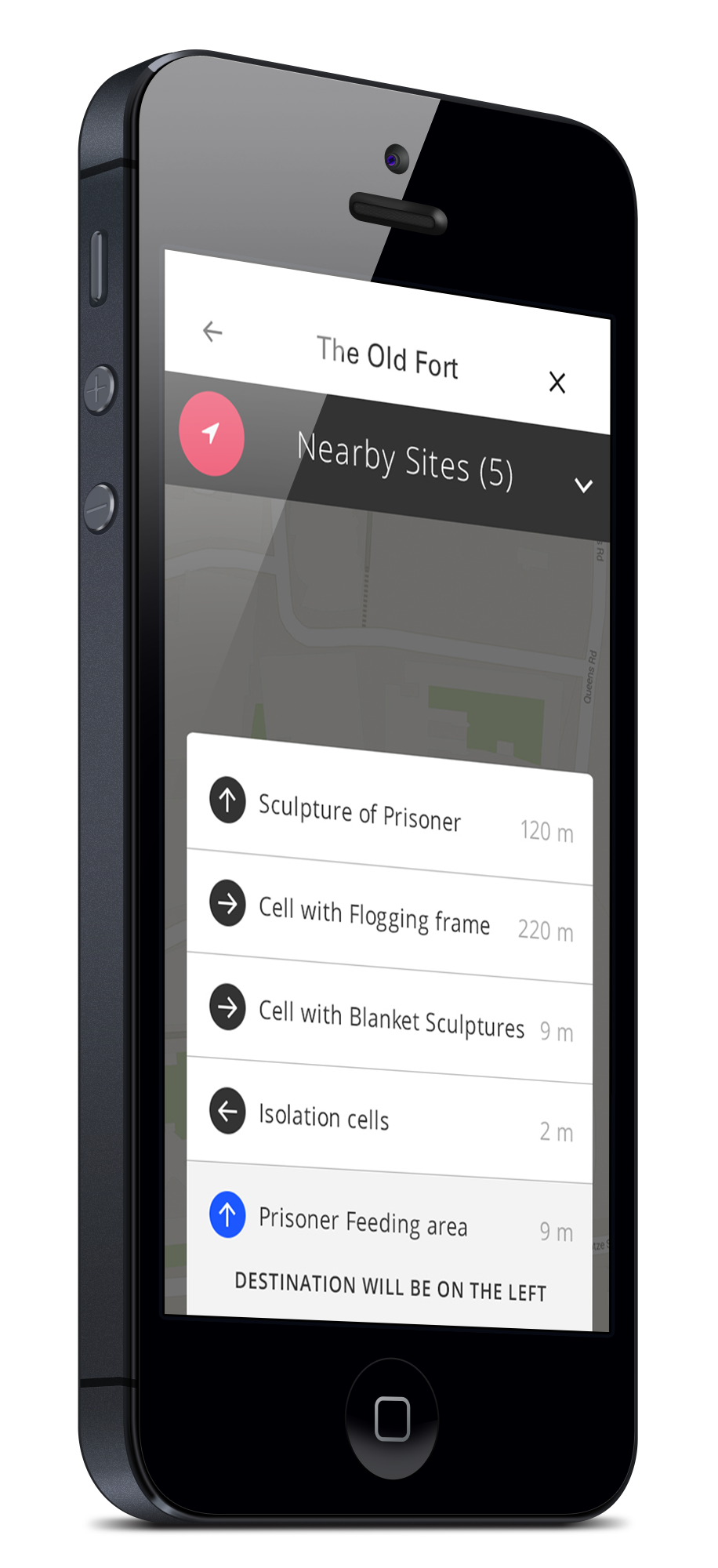 Conhill app GPS navigation screen for The Old Fort showing nearby points of interest with distances