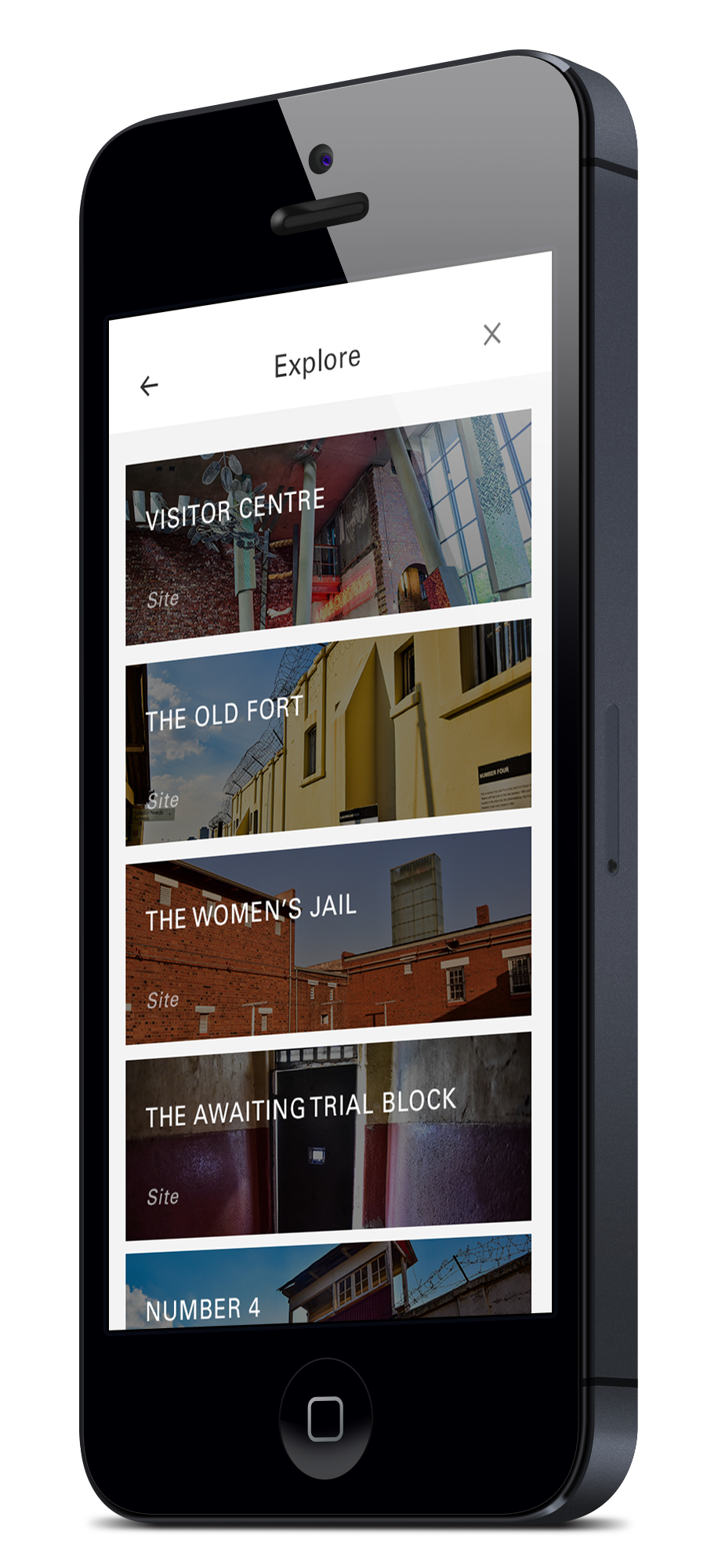 Conhill app Explore screen listing all five tour locations: Visitor Centre, The Old Fort, The Women's Jail, The Awaiting Trial Block, and Number 4