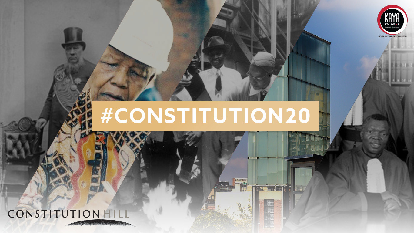 #Constitution20 Kaya FM co-branded social graphic with archival photographs including Nelson Mandela and the Constitutional Court building