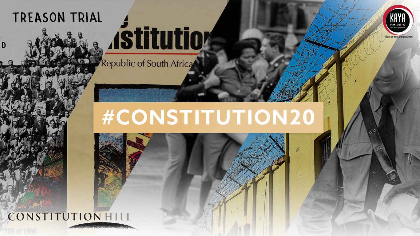 #Constitution20 Kaya FM social graphic featuring the Treason Trial, South African Constitution, and apartheid-era scenes