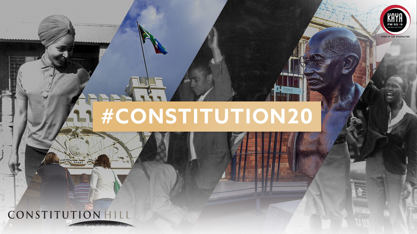 #Constitution20 Kaya FM social graphic with Gandhi bust, Constitution Hill building with SA flag, and archival images