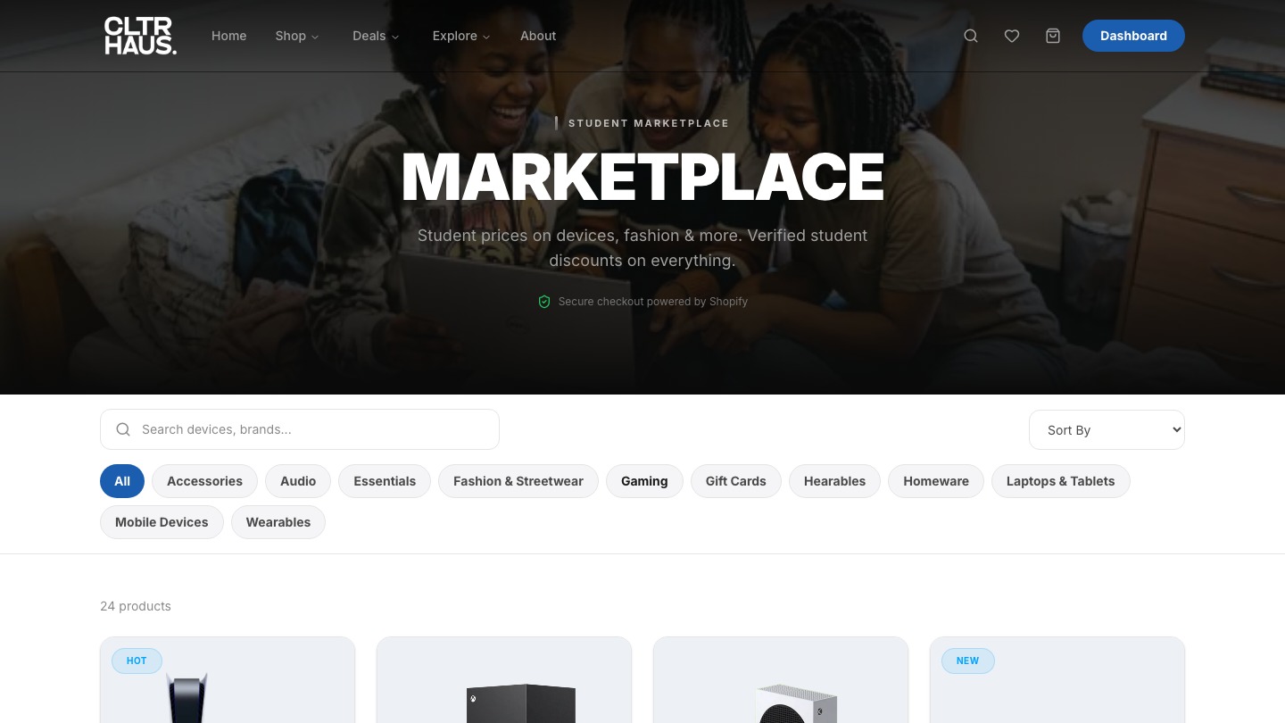 CultureHaus Marketplace: student product grid with category filters