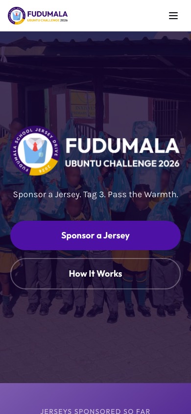Fudumala mobile homepage hero with Sponsor a Jersey CTA
