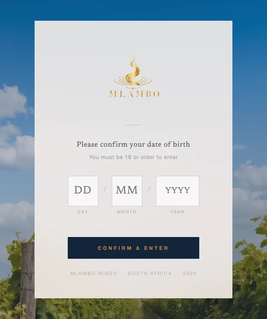 Mlambo Wines age-verification screen with a date-of-birth form over vineyard imagery