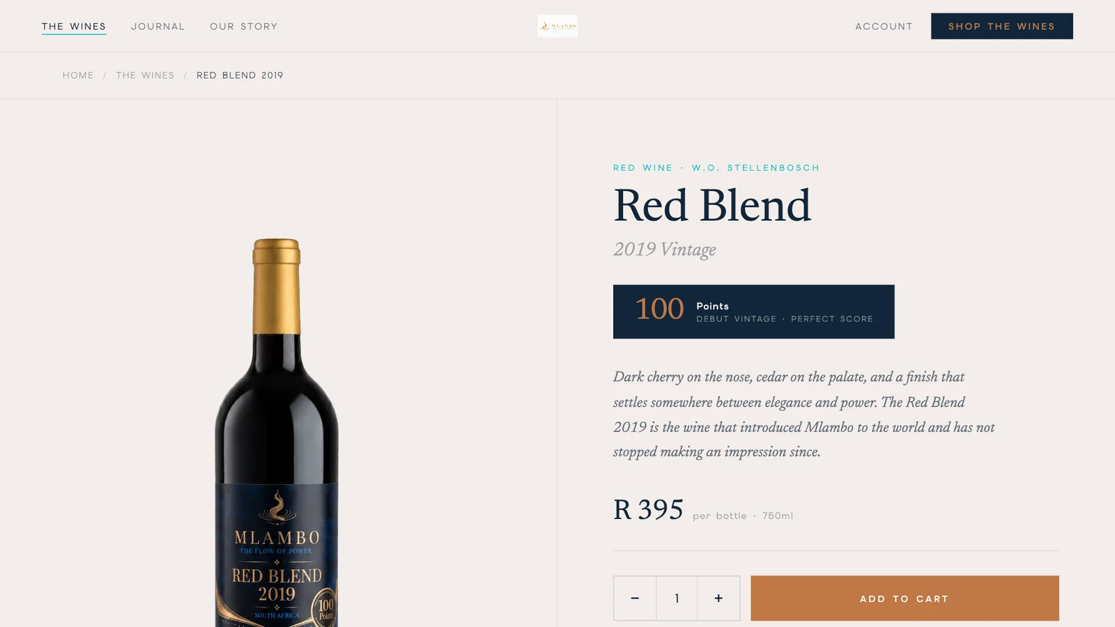 Red Blend product-page concept screenshot with bottle imagery, product copy and proposed purchase details