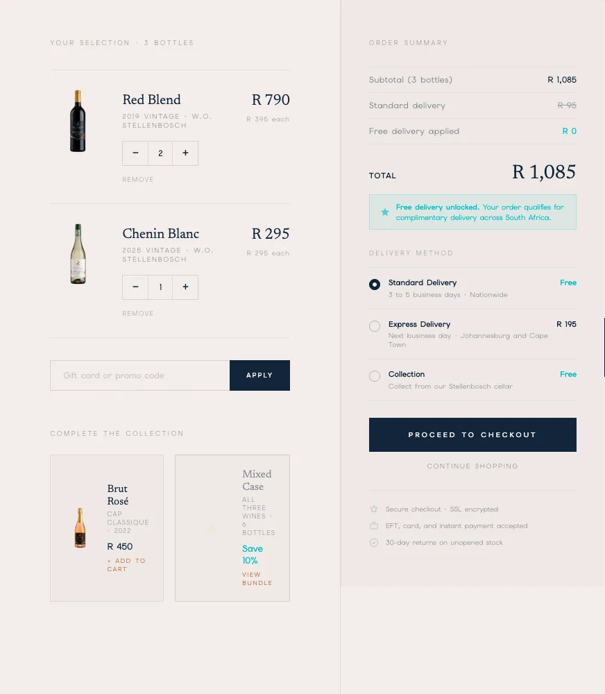 Concept cart showing selected bottles, delivery options and an order summary