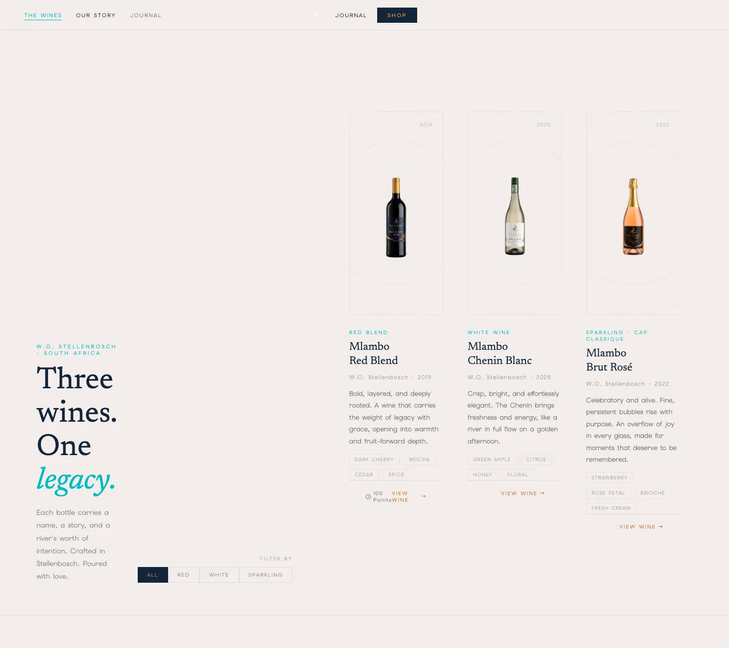 The Wines collection page showing Red Blend, Chenin Blanc and Brut Rosé cards