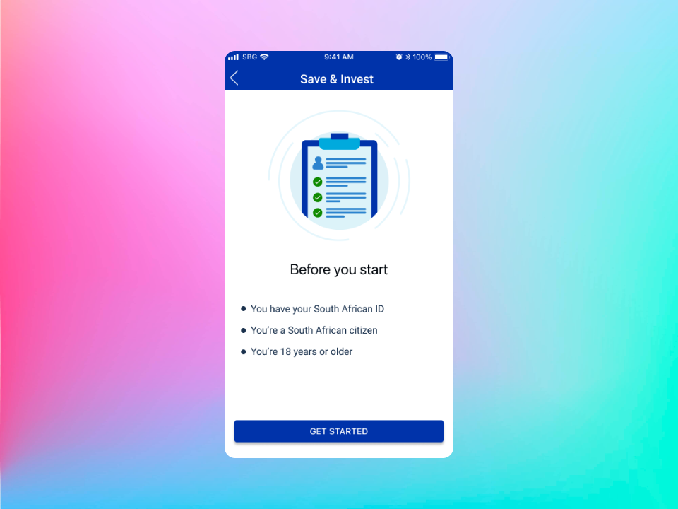 Save and Invest eligibility checklist screen showing requirements before users can proceed