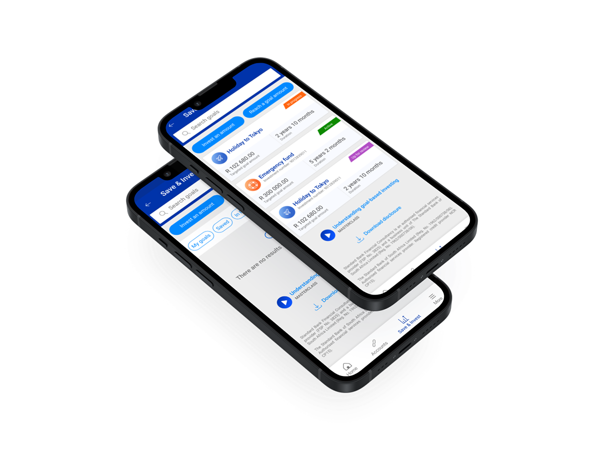 Goals list screen with search filter for finding investment goals by type
