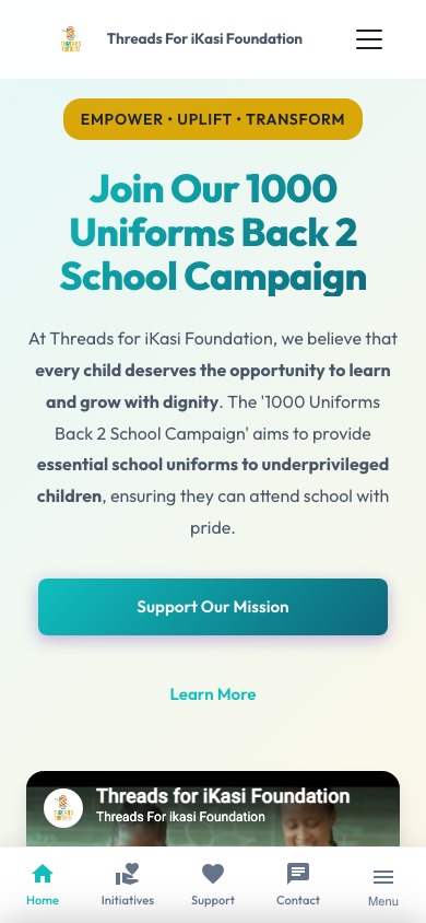 Threads for iKasi Foundation mobile experience with bottom navigation bar