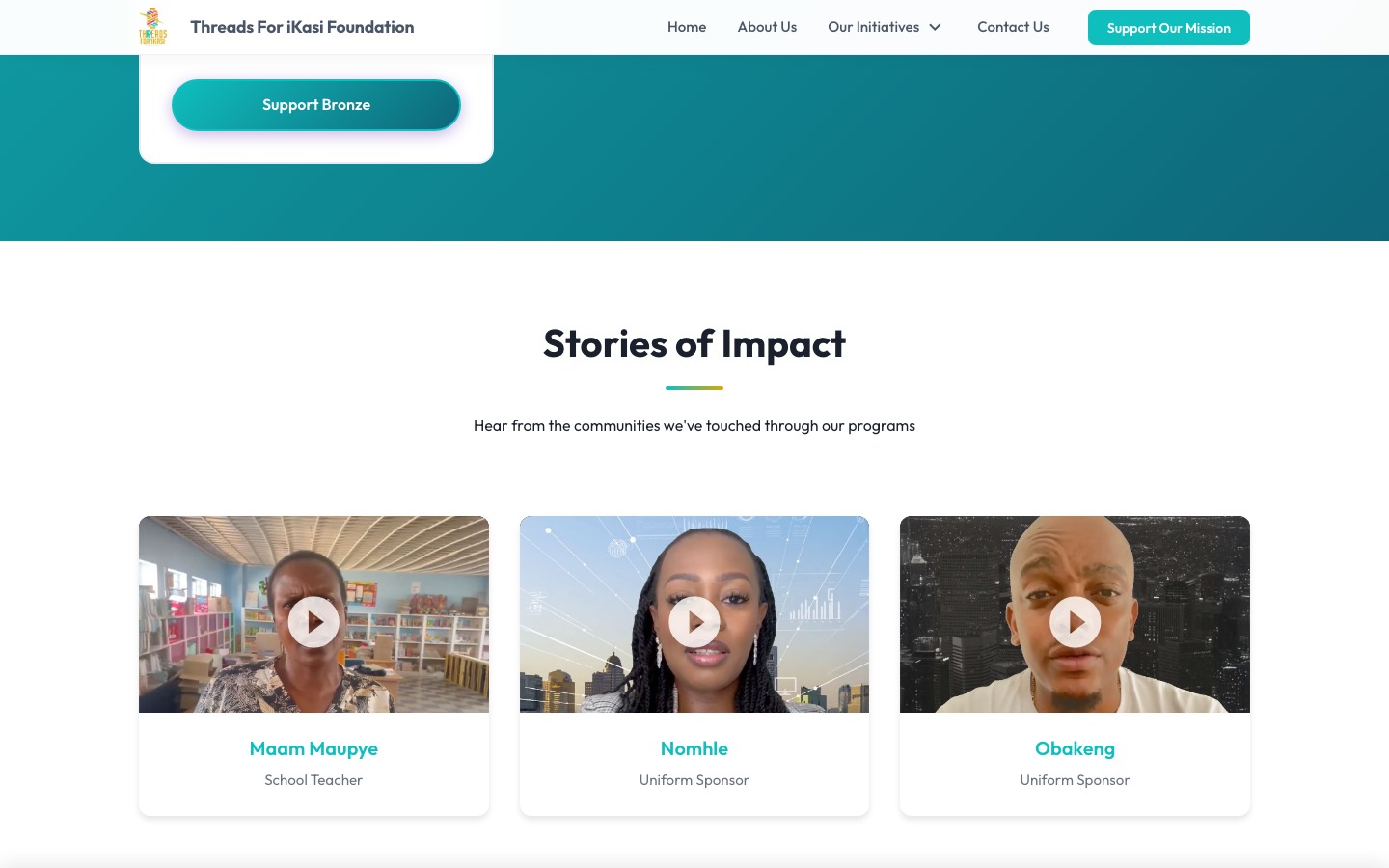Threads for iKasi Stories of Impact section showing community testimonials