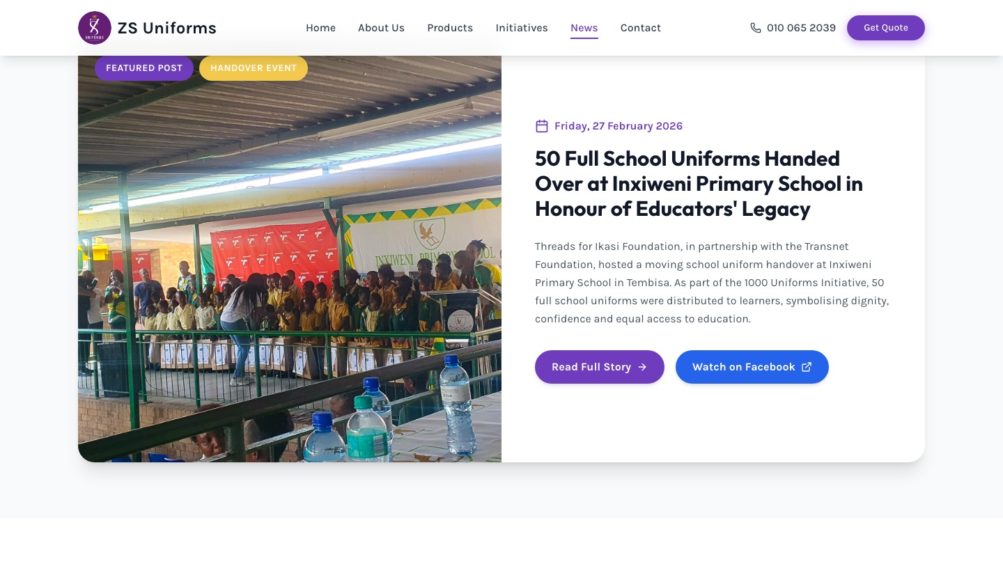 ZS Uniforms community news: 50 full school uniforms handed over at Inxiweni Primary School